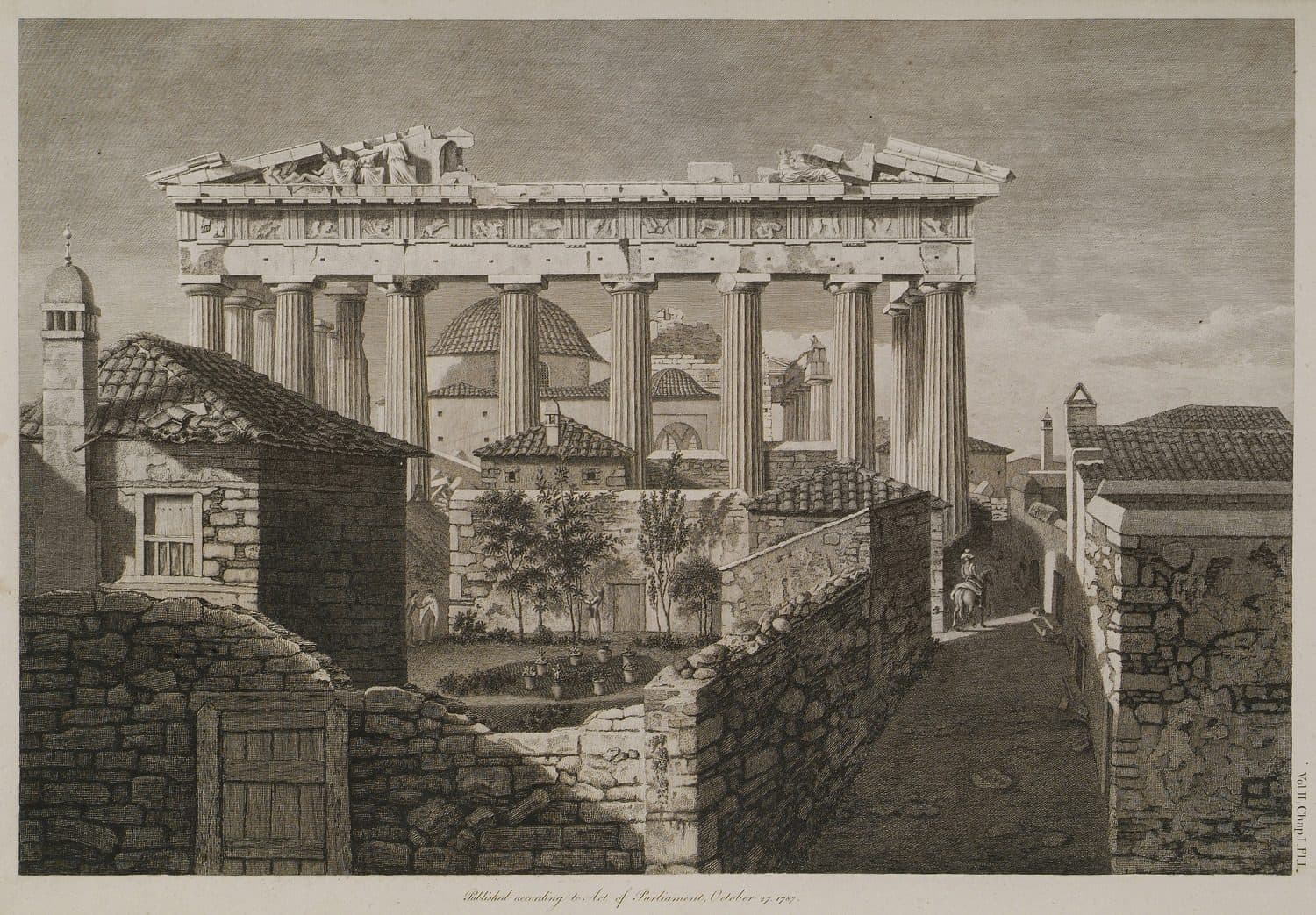 The eastern portico of the Parthenon above the houses of Athens. Engraving by Stuart and Revett, 1794.