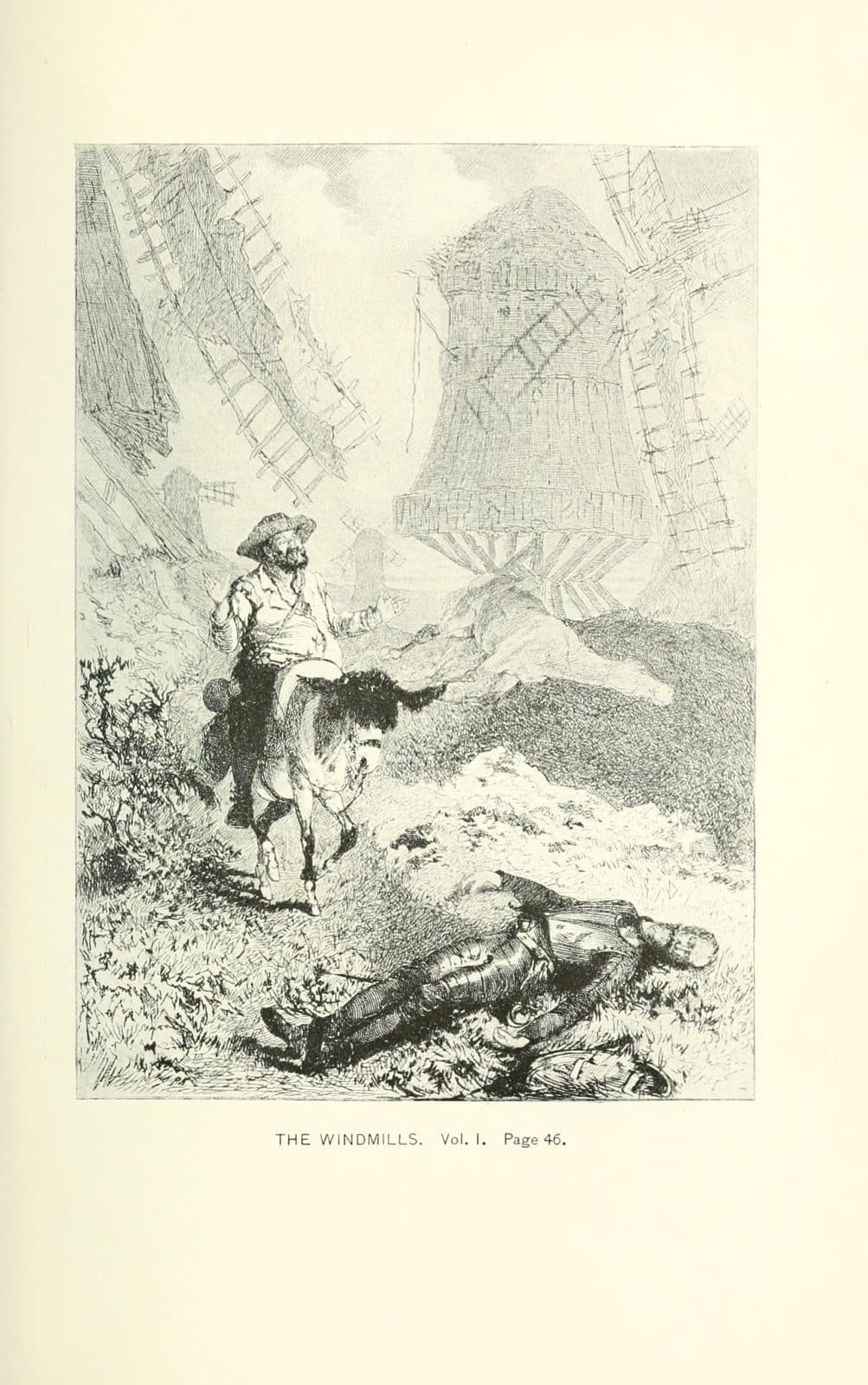 Don Quixote lies thrown beneath the windmills while Sancho Panza rides up on his donkey. Etching by Adolphe Lalauze.